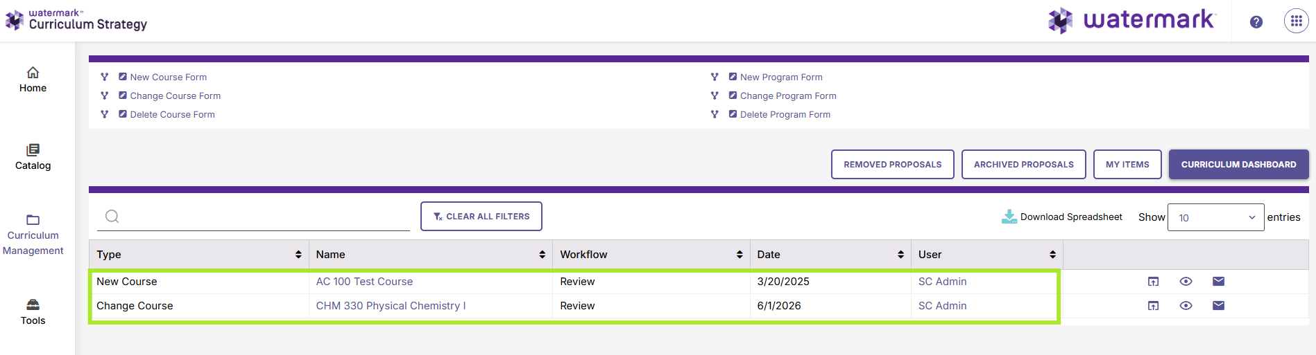 Proposal links on Curriculum Dashboards