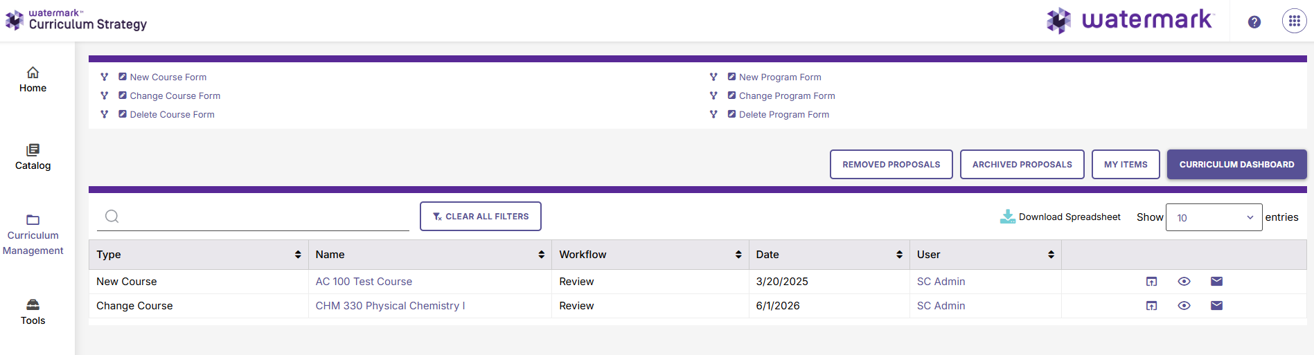 Curriculum Management In-progress proposal dashboard