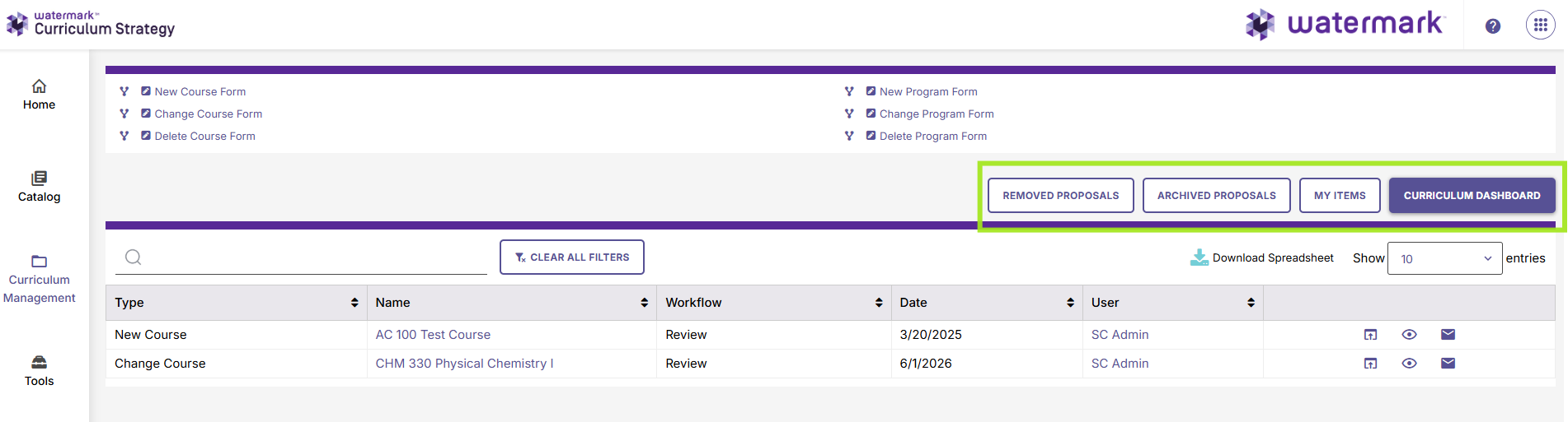 Tabs on Curriculum Management dashboard to different dashboards