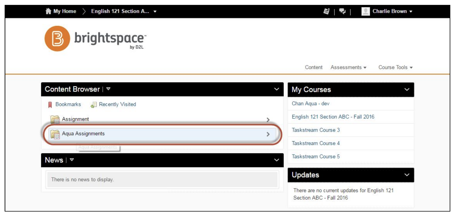The Brightspace Content Browser page showing the Aqua Assignments link highlighted under the course’s content list.