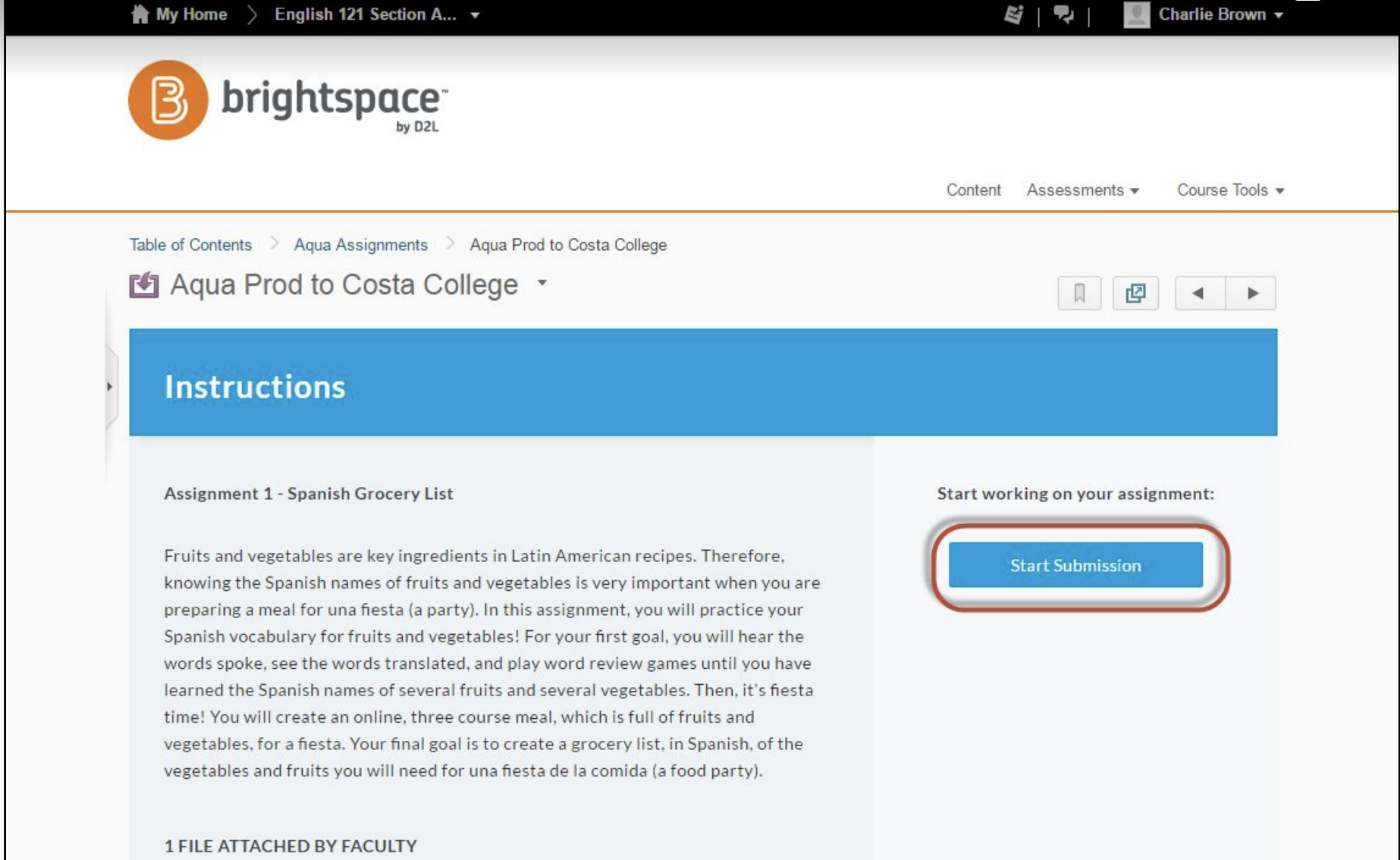 The Aqua Prod to Costa College assignment page showing the Instructions panel with assignment text and a Start Submission button highlighted on the right.