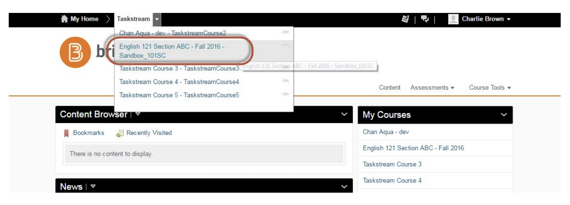 The Taskstream menu panel showing a dropdown under the Taskstream tab with course‑section links, including the highlighted English 121 Section ABC – Fall 2016 – Sandbox_101SC option.