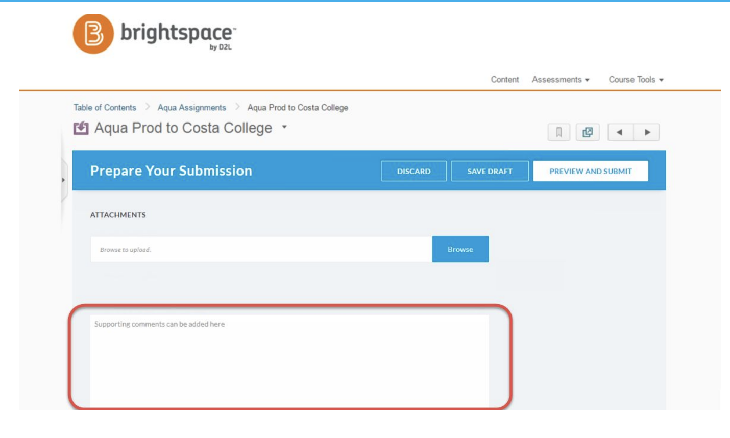 The Prepare Your Submission page showing the attachments area with a Browse button and a supporting‑comments text box highlighted below, along with Discard, Save Draft, and Preview and Submit buttons.