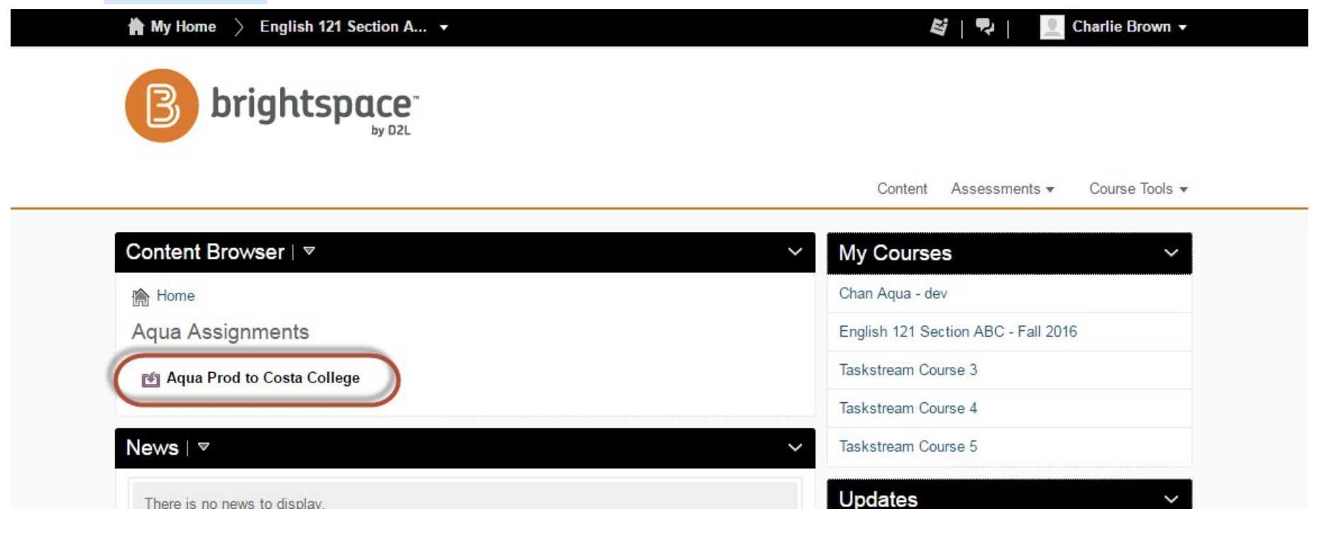 The Brightspace Content Browser page showing the Aqua Assignments area with the Aqua Prod to Costa College link highlighted under the assignments list.