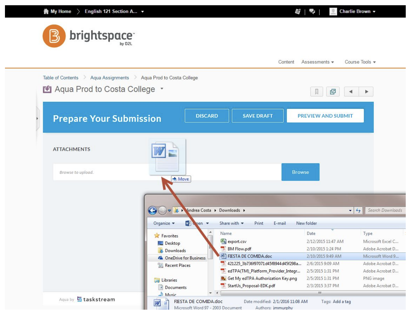 The Prepare Your Submission page showing an attachments area with a dragged Word file hovering over the upload zone, along with Discard, Save Draft, Browse, and Preview and Submit buttons.