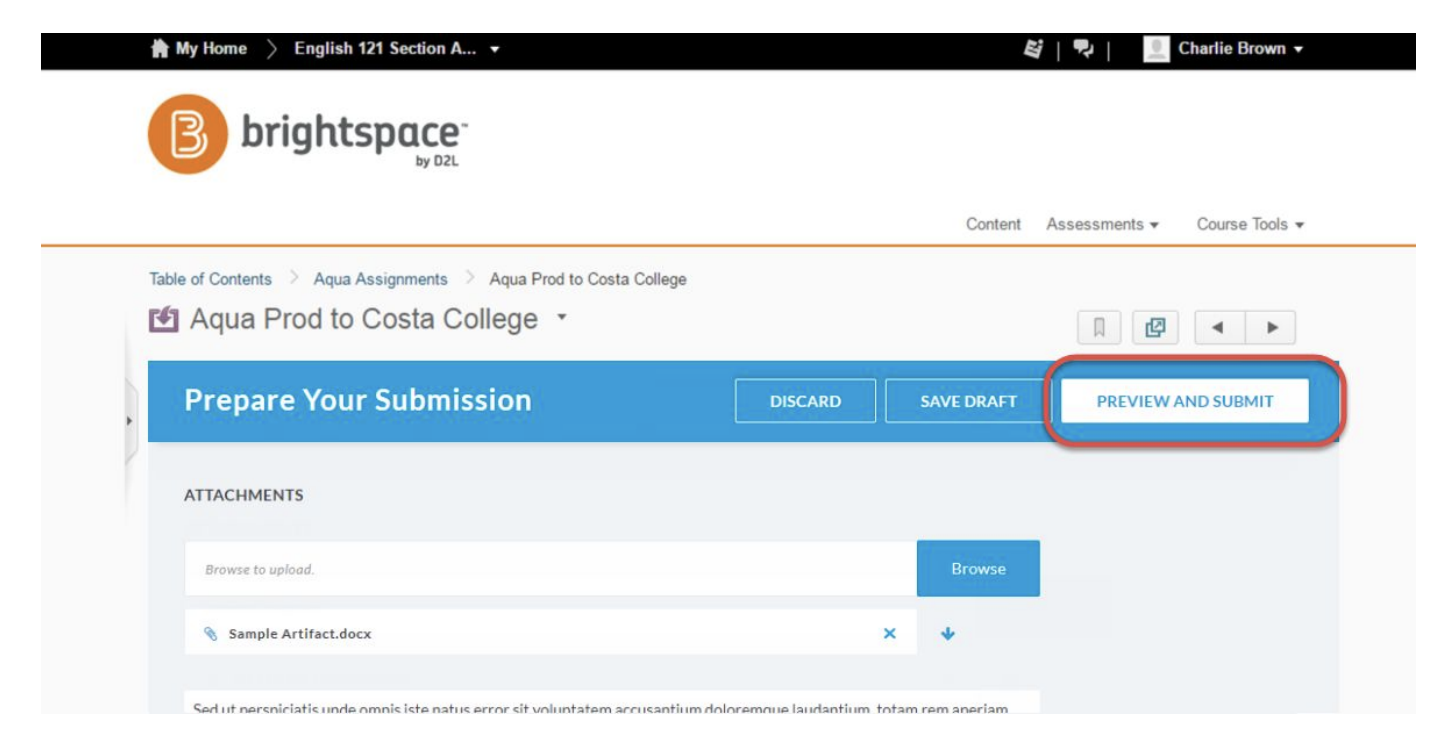 The Prepare Your Submission page showing an uploaded file listed in the attachments area and a Preview and Submit button highlighted in the top right, alongside Discard and Save Draft buttons.