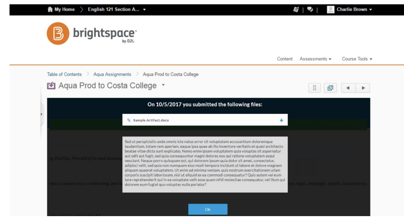 The Aqua Prod to Costa College submission‑details panel showing the submitted‑files message with the submission date, the uploaded file listed, a preview of the submission content, and an Ok button.