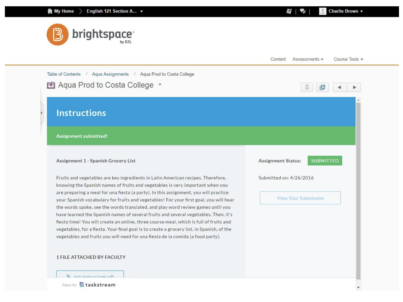 The Aqua Prod to Costa College page showing an Instructions panel with an Assignment submitted banner, assignment text, an Assignment Status field marked Submitted with a submission date, and a View Your Submission button.