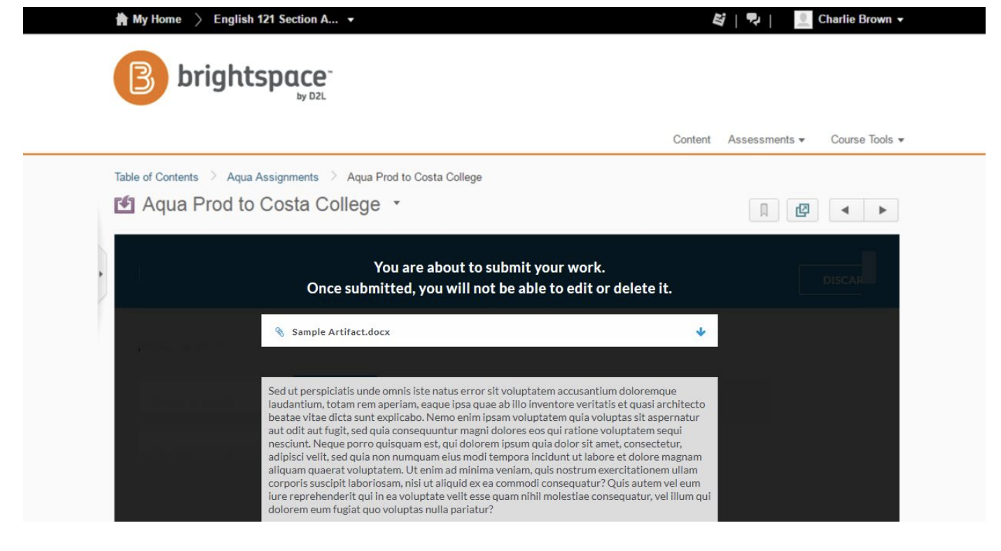 The page showing a message that the user is about to submit the work, an uploaded file listed, and a preview of the submission content displayed below.