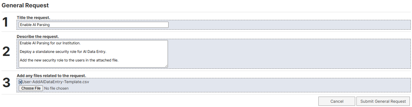 Screenshot showing a new Work Request form with the title "Enable AI Parsing" entered and the file attachment area visible