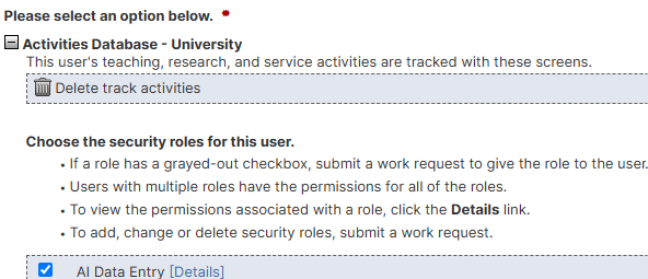 Screenshot showing a standalone security role in Manage Security configured with the AI Data Entry permission