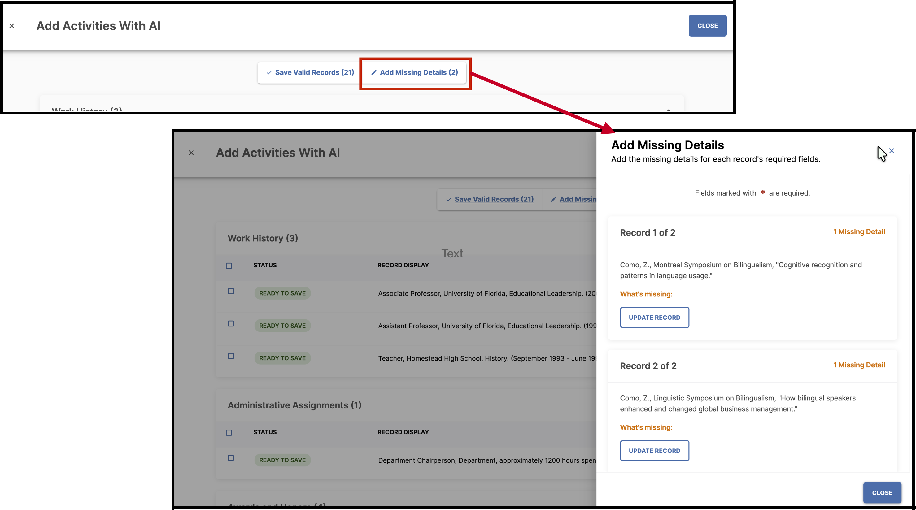 Screenshot showing Missing Details message for Multiple Activities
