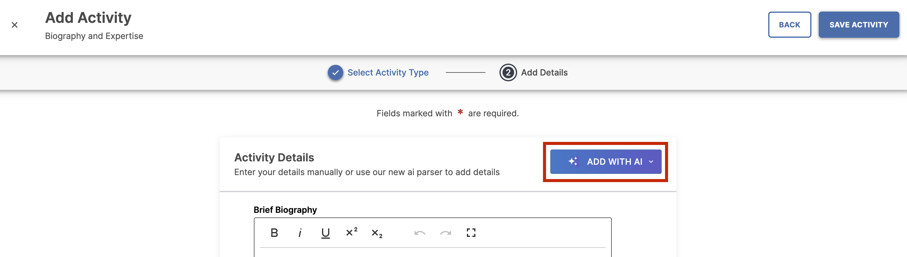 Add with AI button on activity screen