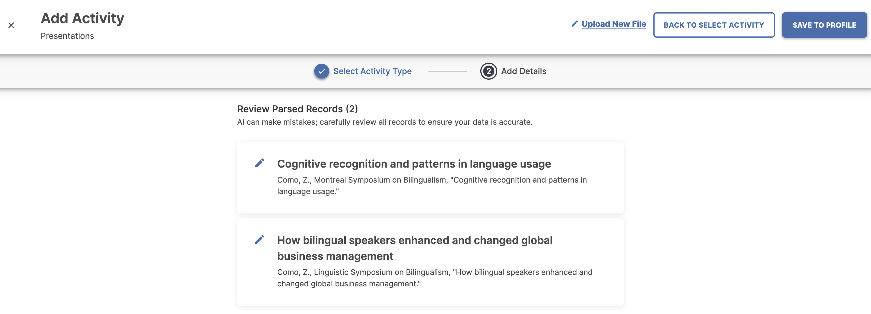 Screenshot of the Review Parsed Records Page 