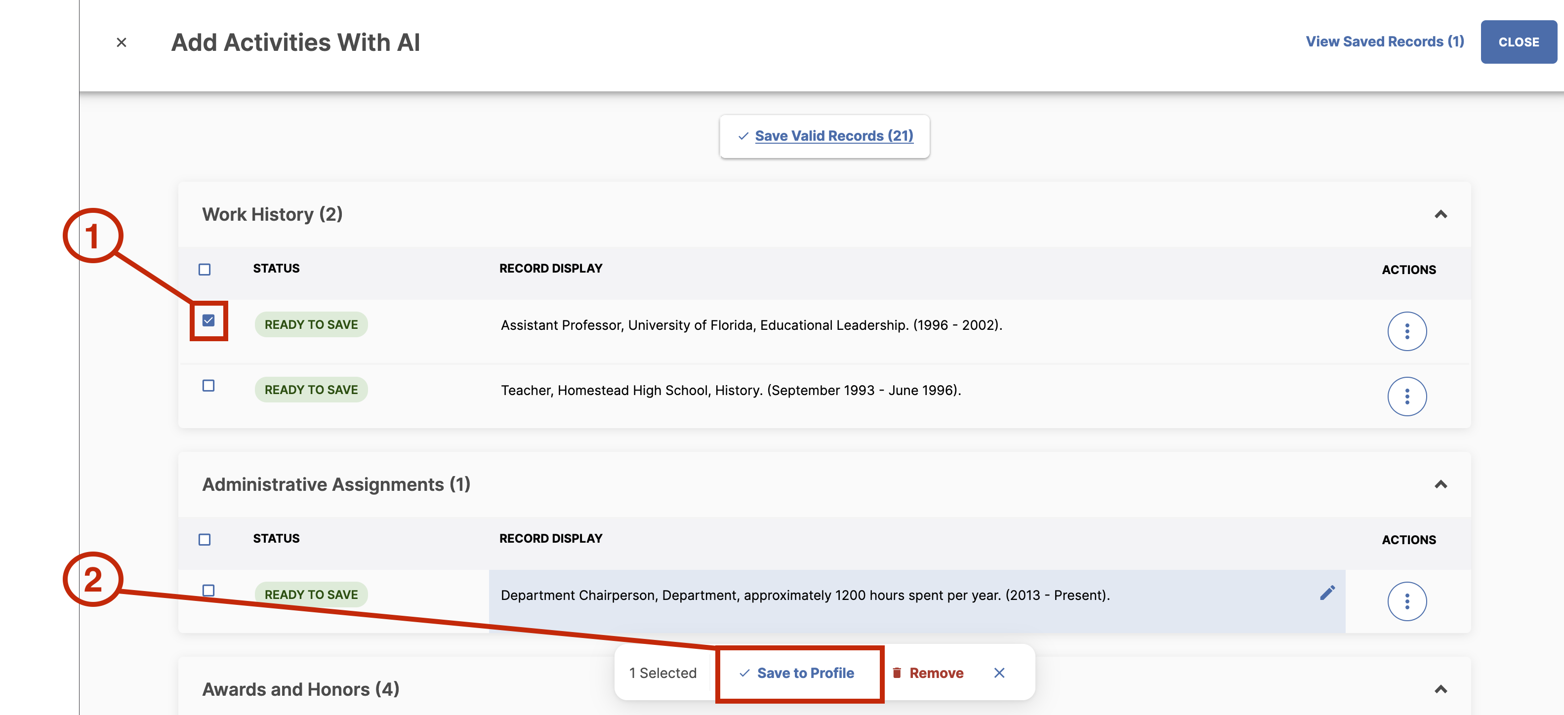 Screenshot of Items 1 and 2 to Save Parsed Records