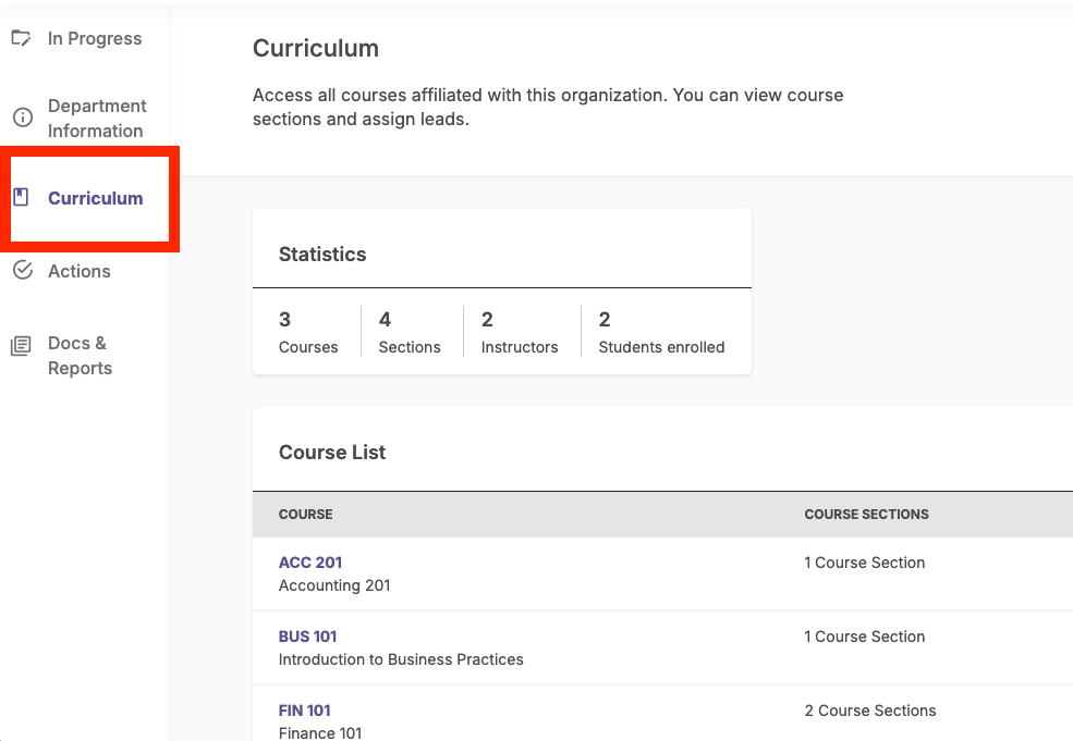 Screenshot of the Organization Management panel highlighting the Curriculum tab.