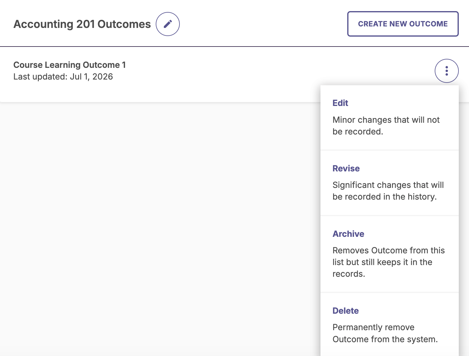 Screenshot of the more options menu showing options to Edit, Revise, Archive, or Delete an outcome.
