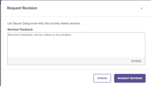The Request Revision modal pop-up window containing a text area for feedback (limited to 1,000 characters) and a dark blue labeled button option to submit the Request Revision.