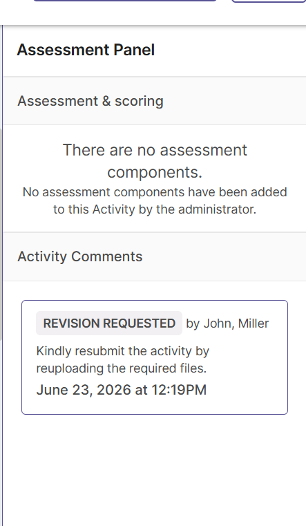 The right panel view of the user interface where the submitted feedback appears under the Activity Comments header section.