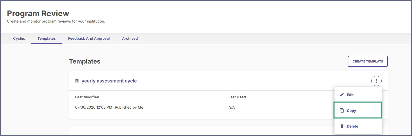The Templates page showing a template row with the More Options menu open and the Copy command highlighted.
