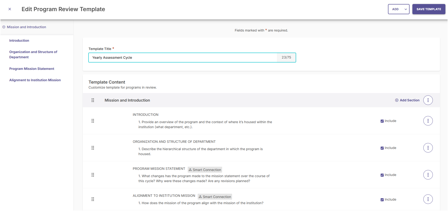 The template builder screen showing the copied categories and sections ready to be edited.