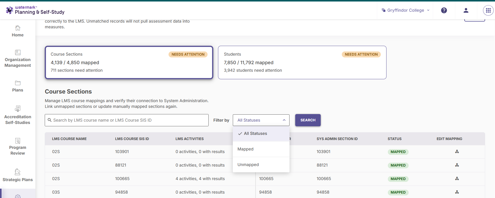 The dedicated LMS Mappings page displaying the list of available course sections and their mapping status.