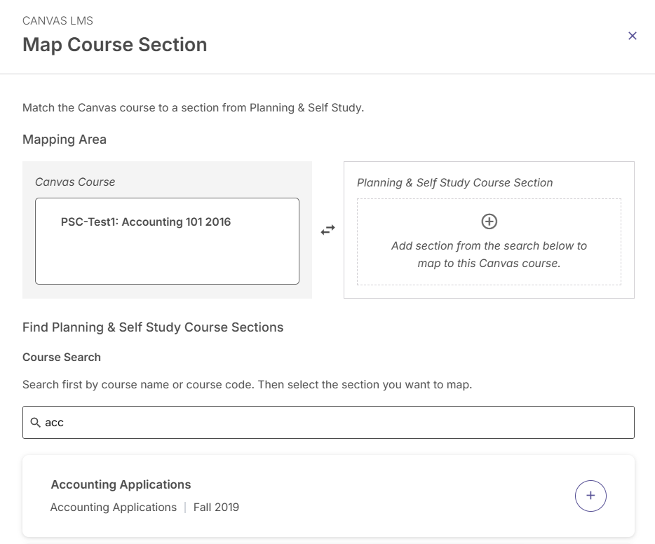 The course mapping panel with a search bar and results list to pair sections.