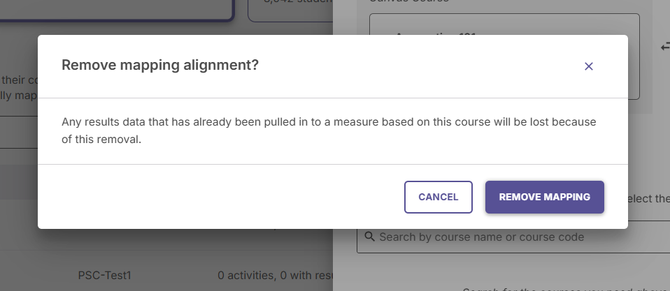 The pop-up confirmation prompt window to remove a course section mapping link.