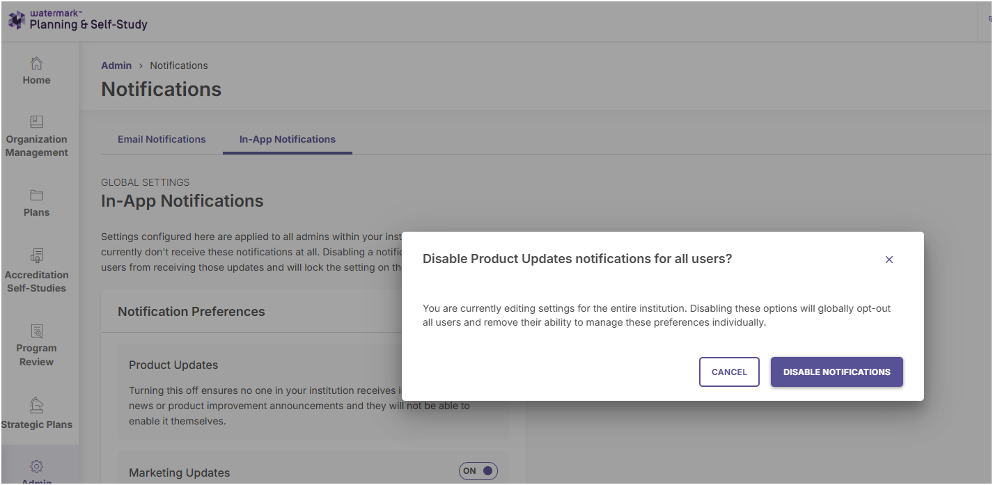 The settings view displaying active check selections to turn off email updates.