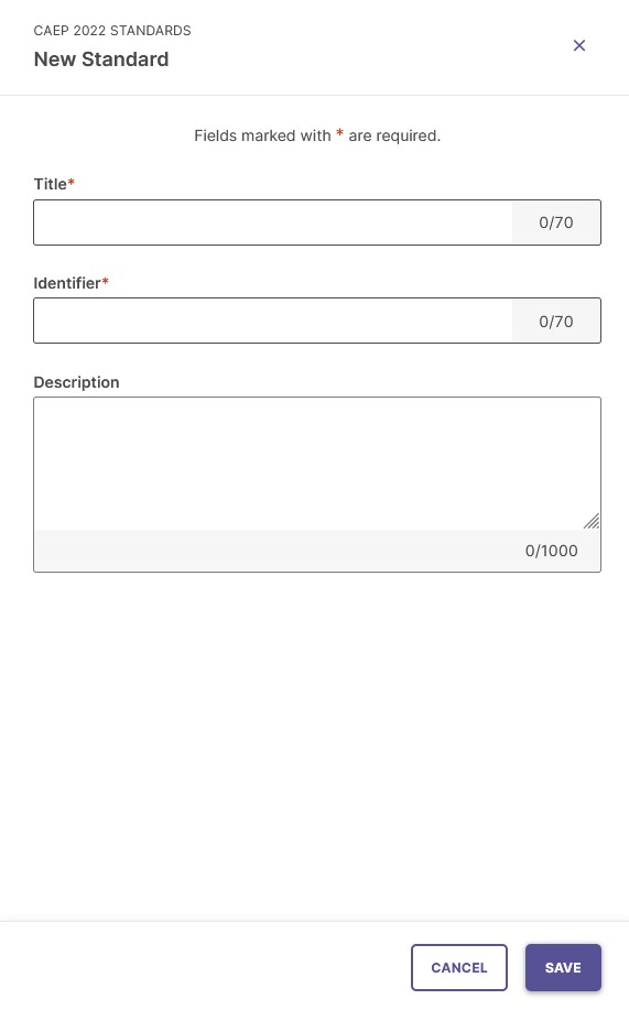 The 'Create Standard' page, showing fields to enter a Title, Identifier, and optional Description.