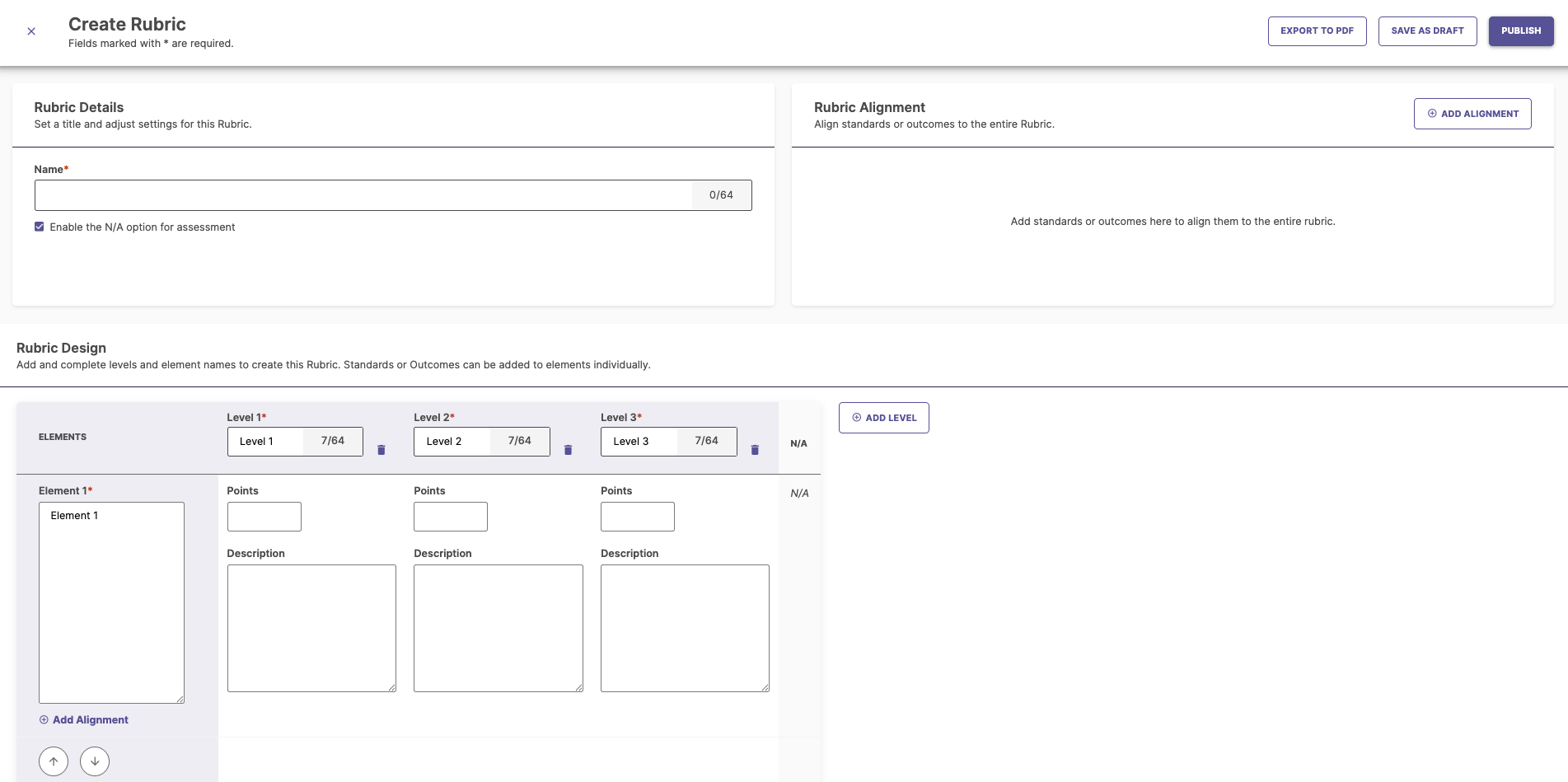 The Create Rubric page showing fields for rubric name and alignment, with a Rubric Design section displaying editable elements, levels, points, descriptions, and various buttons like add alignment, add levels, export to PDF, save as draft, and publish.