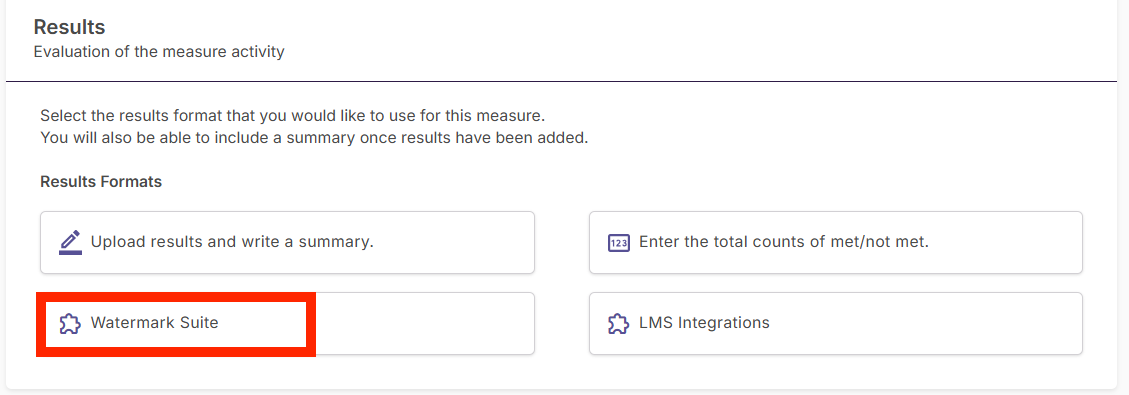 The Results page showing the Watermark Suite selection button next to the LMS Integrations option.