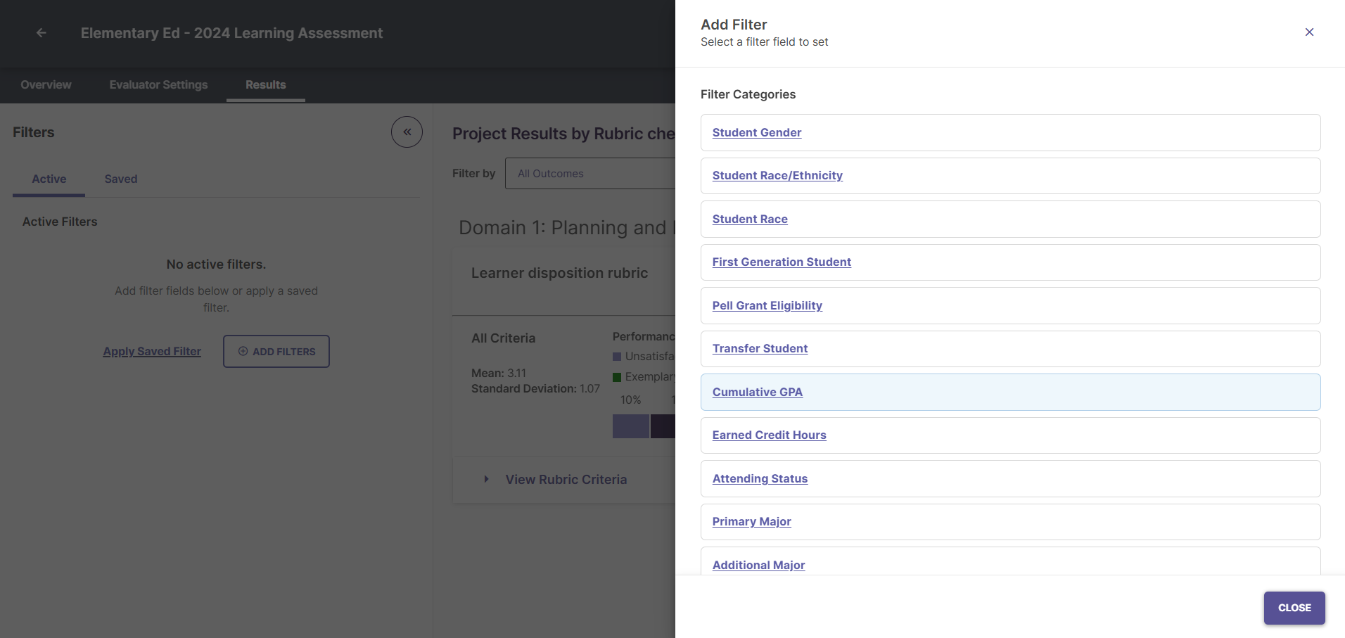 The list of eligible filter categories displayed after clicking the Add Filter Field button.
