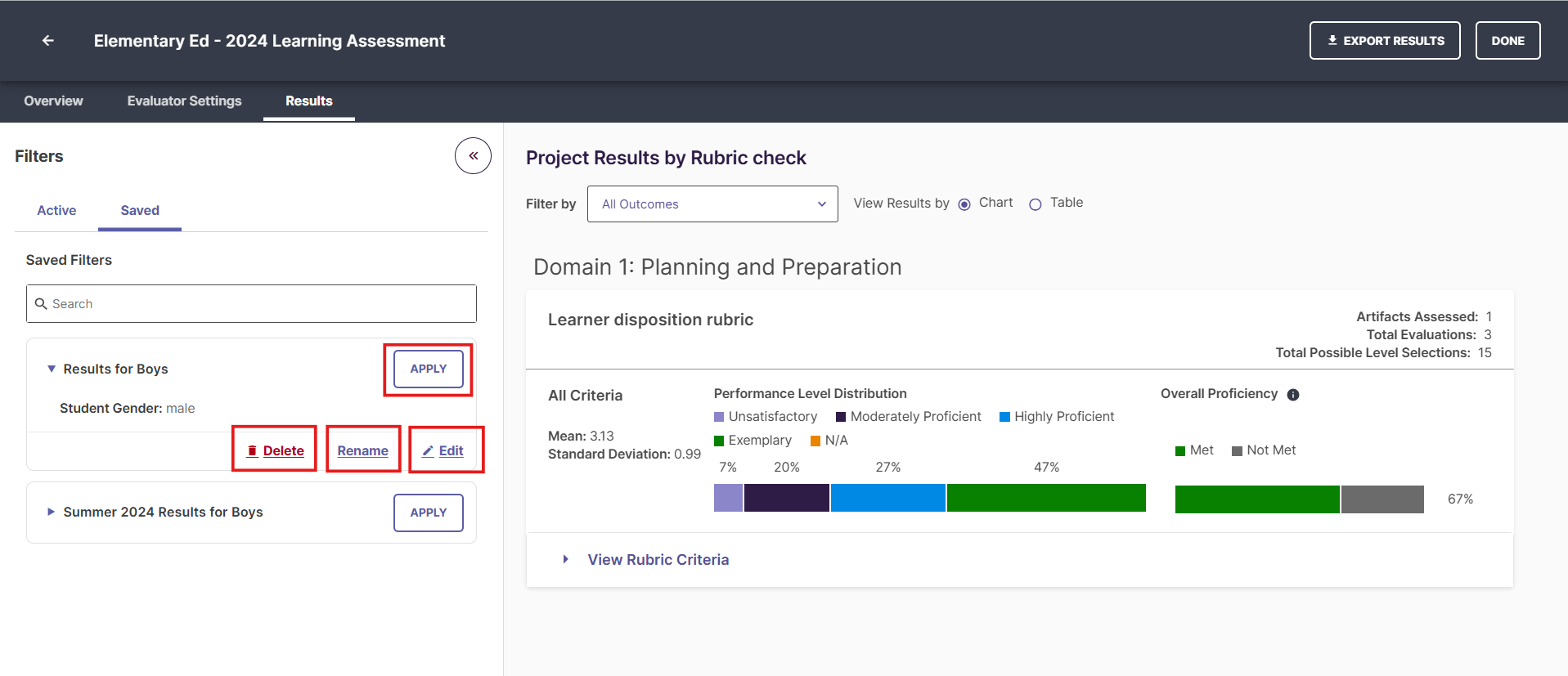 The action options menu (rename, edit, delete, apply) for a selected configuration in the Saved filters list.