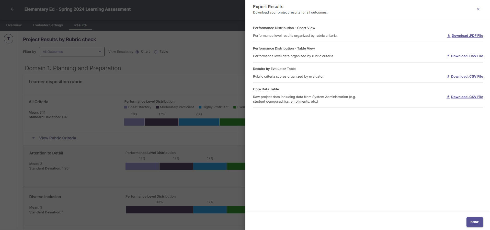 The dropdown menu displaying available export formats like PDF and CSV after clicking Export Results.