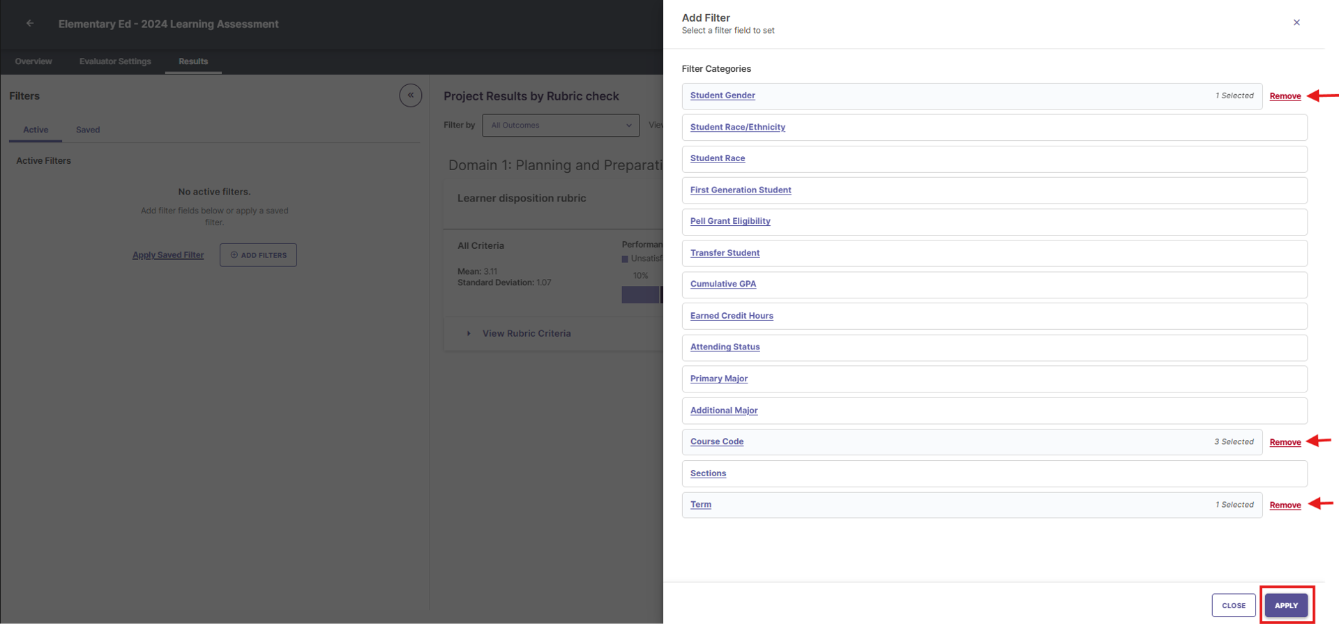The active filter interface highlighting the location of the Apply button.