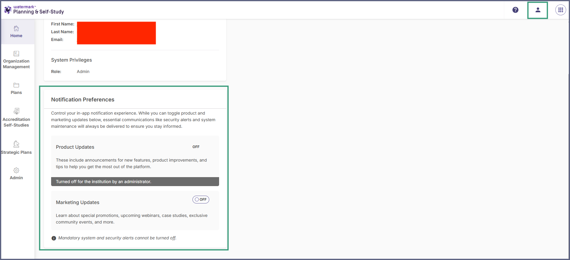 User profile preferences interface with personal notification category selection switches.