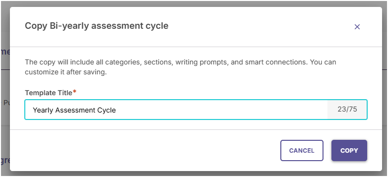 The Copy Template confirmation modal dialog window with an input field text box for specifying a new template title.