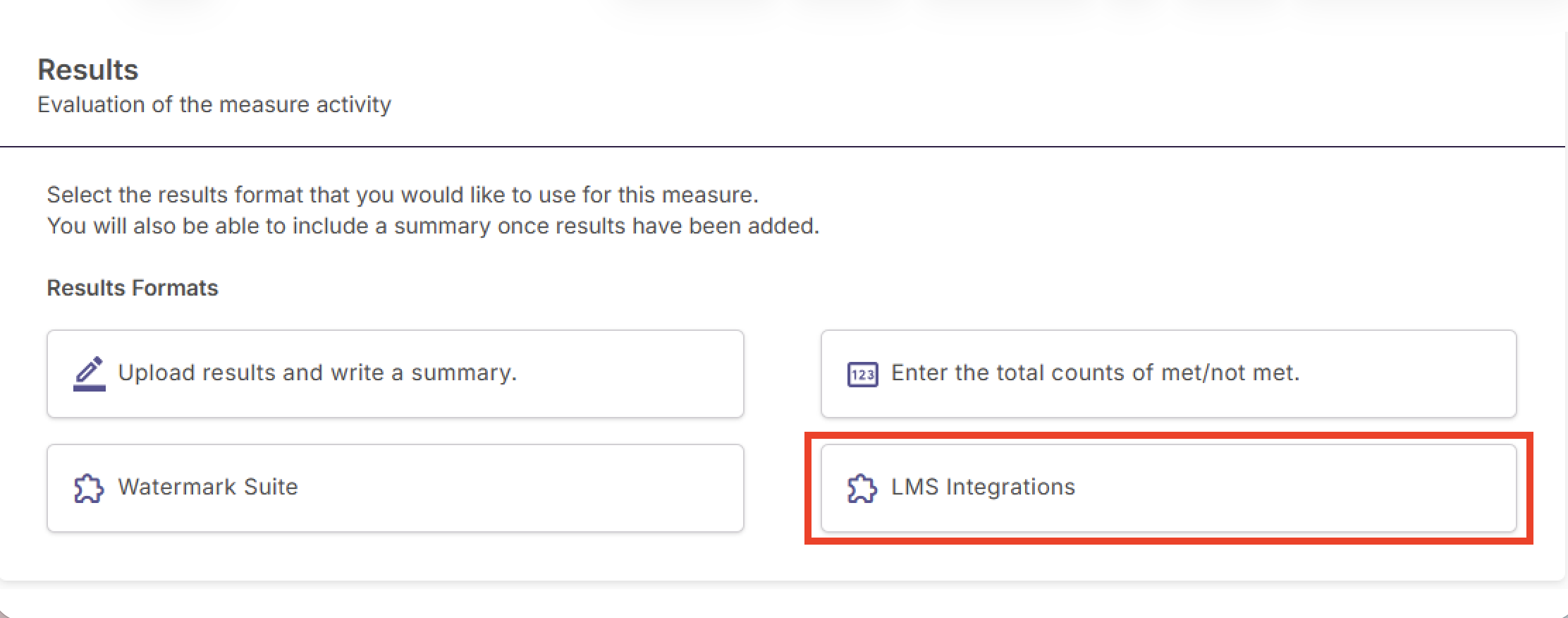 The results configuration panel featuring a highlighted choice for LMS Integrations inside the assessment plan view.