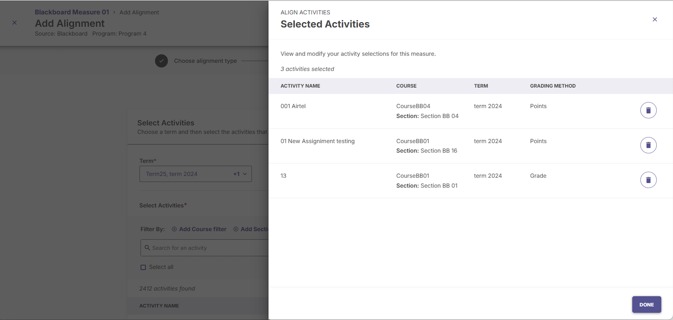 The activity review summary workspace step showing a tabular layout detailing the names, terms, sections, and point values of aligned assignments.