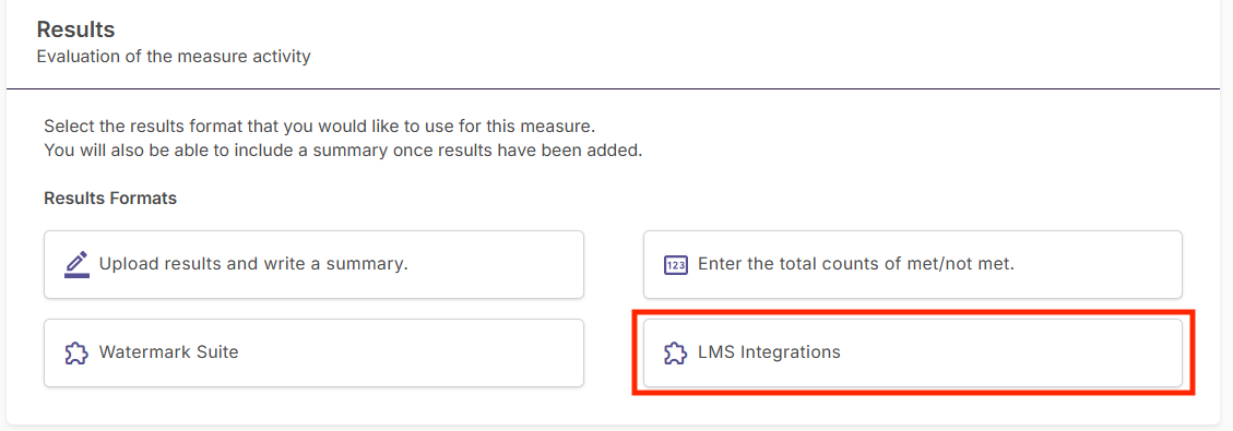 The Results workspace showing the LMS Integrations option highlighted under the collection methods selection screen.