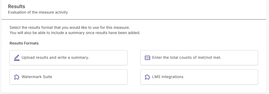 Selection screen displaying results options including uploading files, entering total counts, and using suite or LMS integrations.