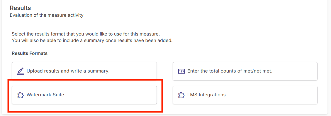 The results configuration workspace highlighting the option to select Watermark Suite from the list of available data collection methods.