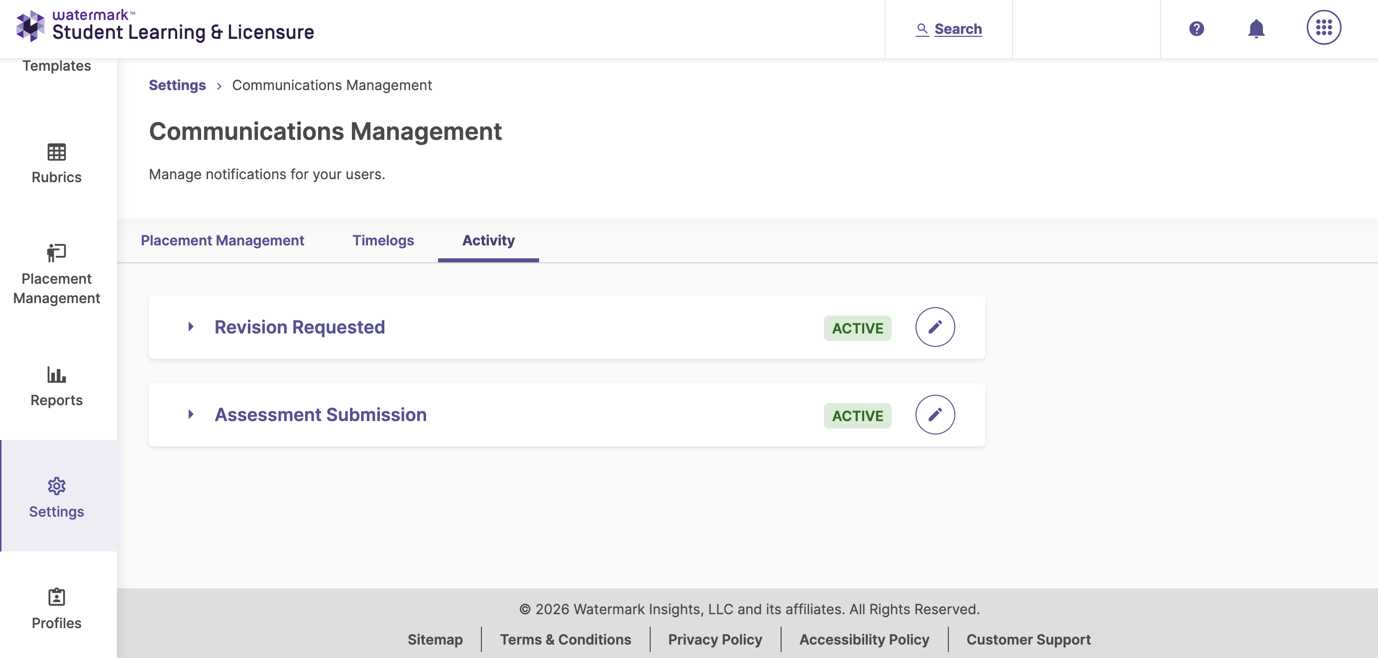 Screenshot of settings tab displaying Communications Management. The Activity tab is selected.