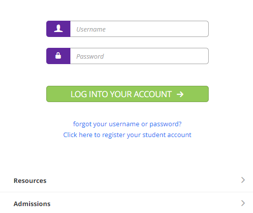 A 'Login page' showing username and password fields, a 'Log Into Your Account' button, links for password recovery and student account registration, followed by expandable sections for Resources and Admissions.