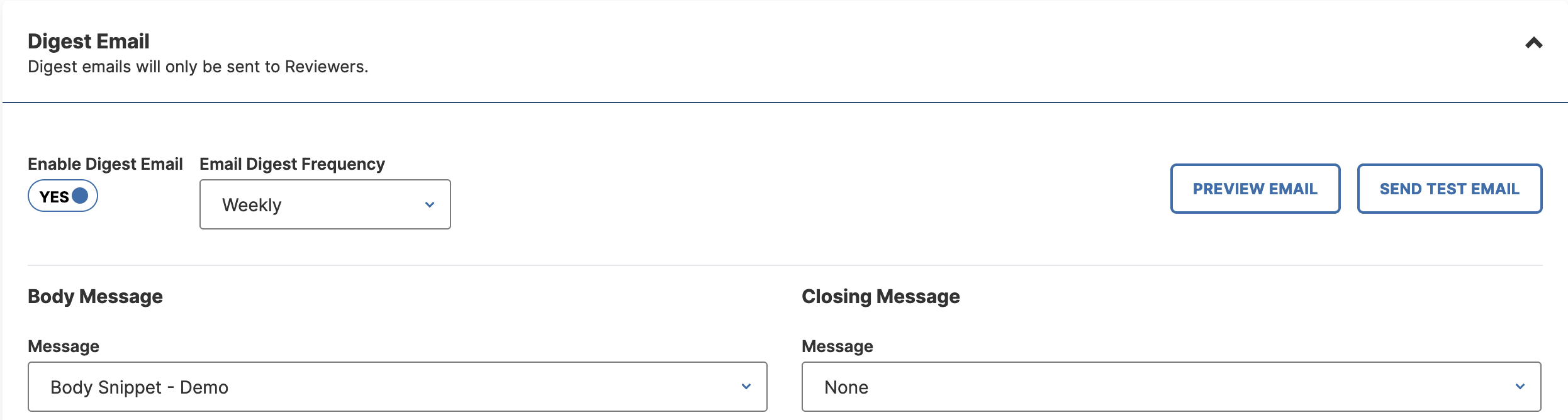 The Digest Email section showing the Enable Digest Email toggle set to Yes, the Email Digest Frequency menu set to Weekly, and options to preview or send a test email.