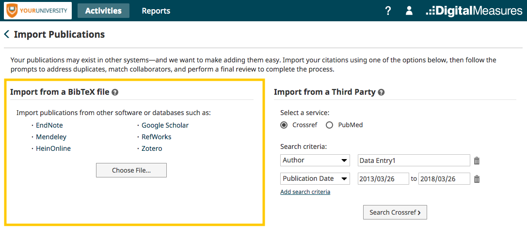 The Import Publications page showing a highlighted Import from a BibTeX file panel with a Choose File button and a list of supported sources, alongside an Import from a Third Party panel with service options for Crossref and PubMed, search criteria fields, date inputs, and a Search Crossref button.