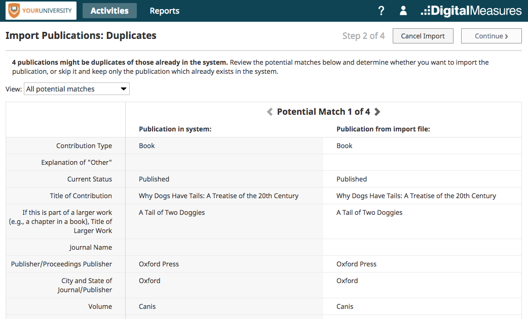 The Import Publications duplicate page showing a comparison table for potential matches with publication details in two columns for the record in the system and the record from the import file, along with navigation for viewing other potential matches and buttons for Cancel Import and Continue at the top.