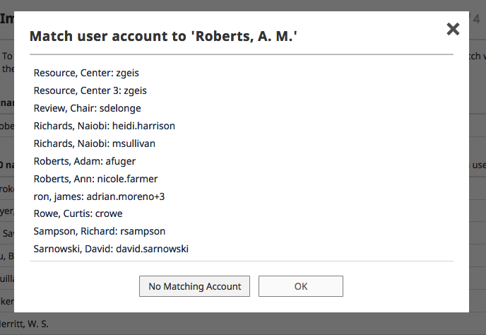 The Match user account to ‘Roberts, A. M.’ modal showing a list of possible user accounts with names and usernames, along with the buttons No Matching Account and OK at the bottom.