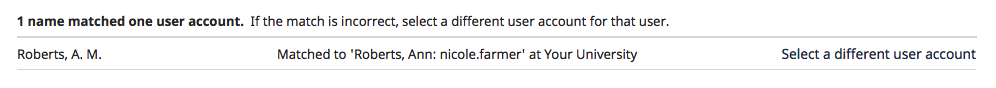 The name‑matching section showing a row for Roberts, A. M. matched to Roberts, Ann: nicole.farmer at Your University, with a link to select a different user account on the right.